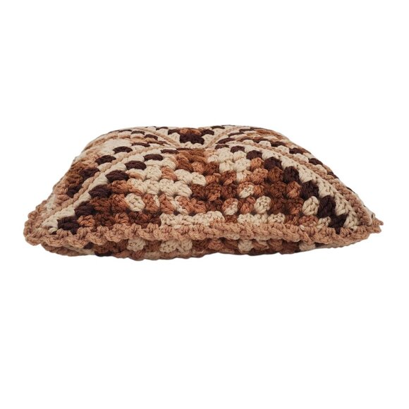 Vintage Handmade Crochet Throw Pillow Button Accent Brown Beige Retro 12x12 - Picture 4 of 6